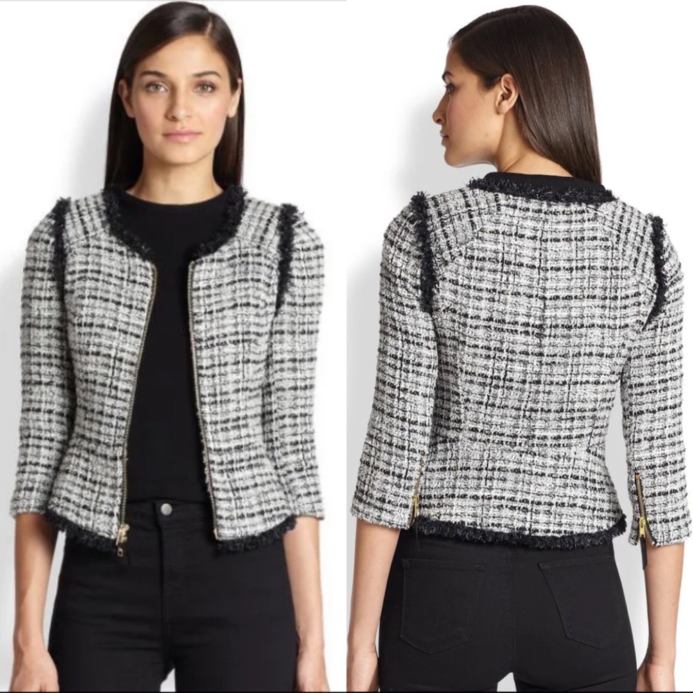 MILLY Black/White Plaid Houndstooth Fringe Wool Blazer Gold Hardware Sz 2